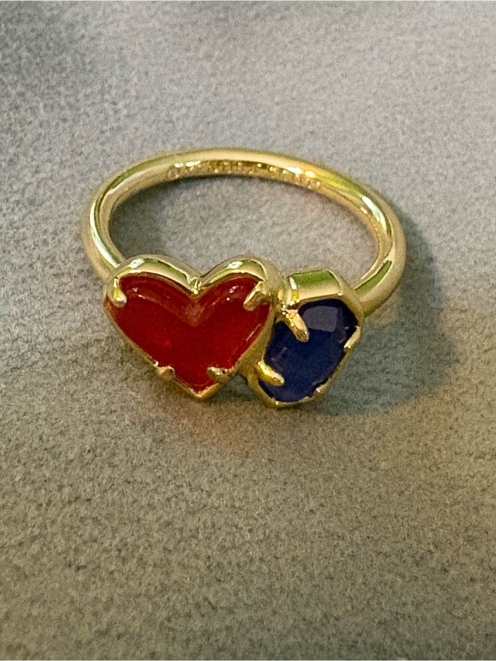 Kendra Scott Gold Ring with Red Heart and Blue gem January and September.